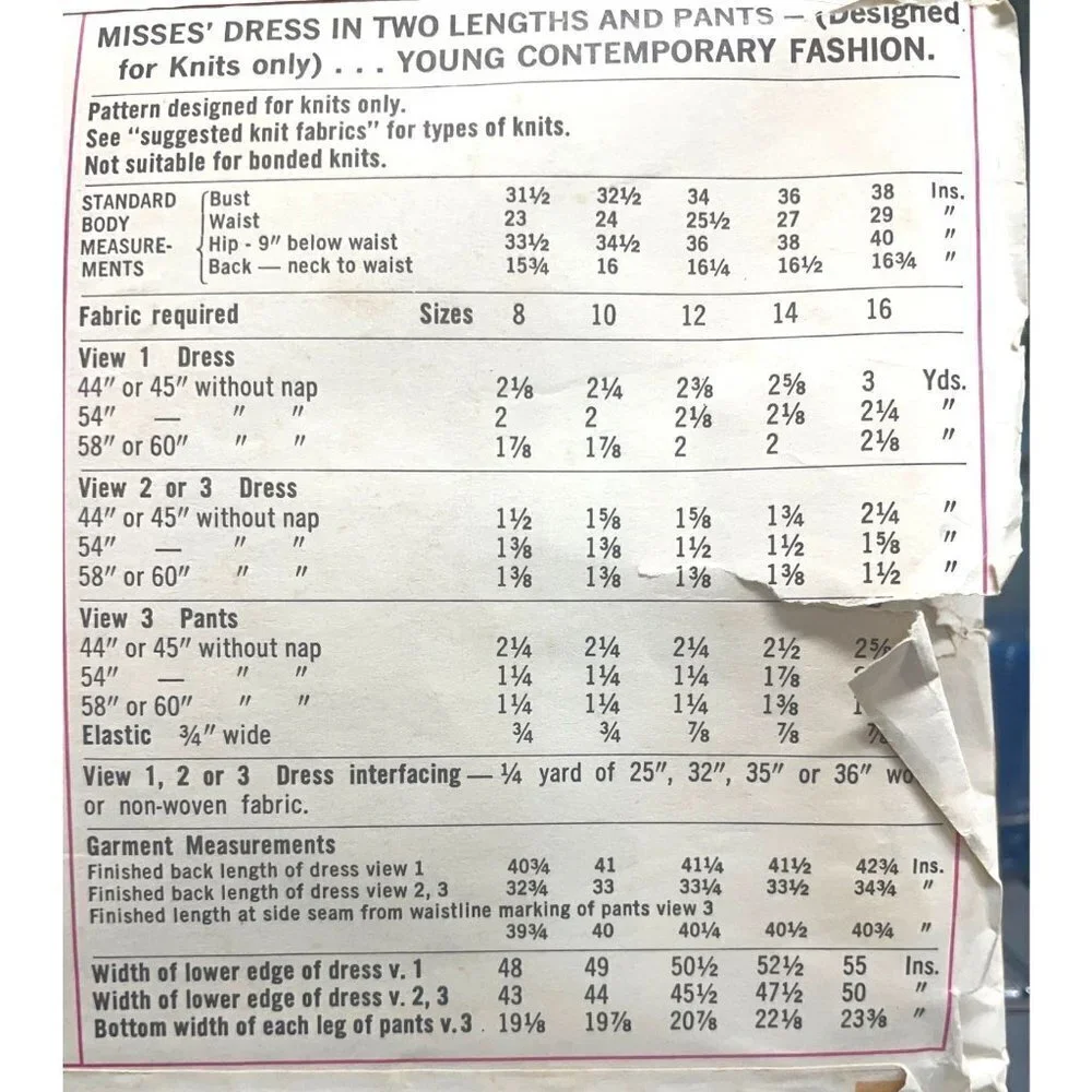 Simplicity Sewing Pattern 9155 Pants Dress KNITS Misses‎ Size 10